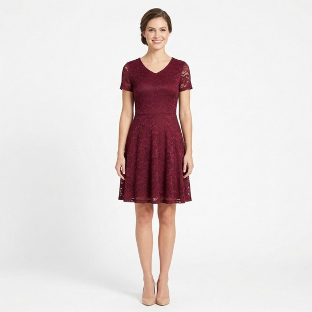 Bridesmay Womens Burgundy Floral Lace A-Line V-Neck Short Sleeve Dress Size XL